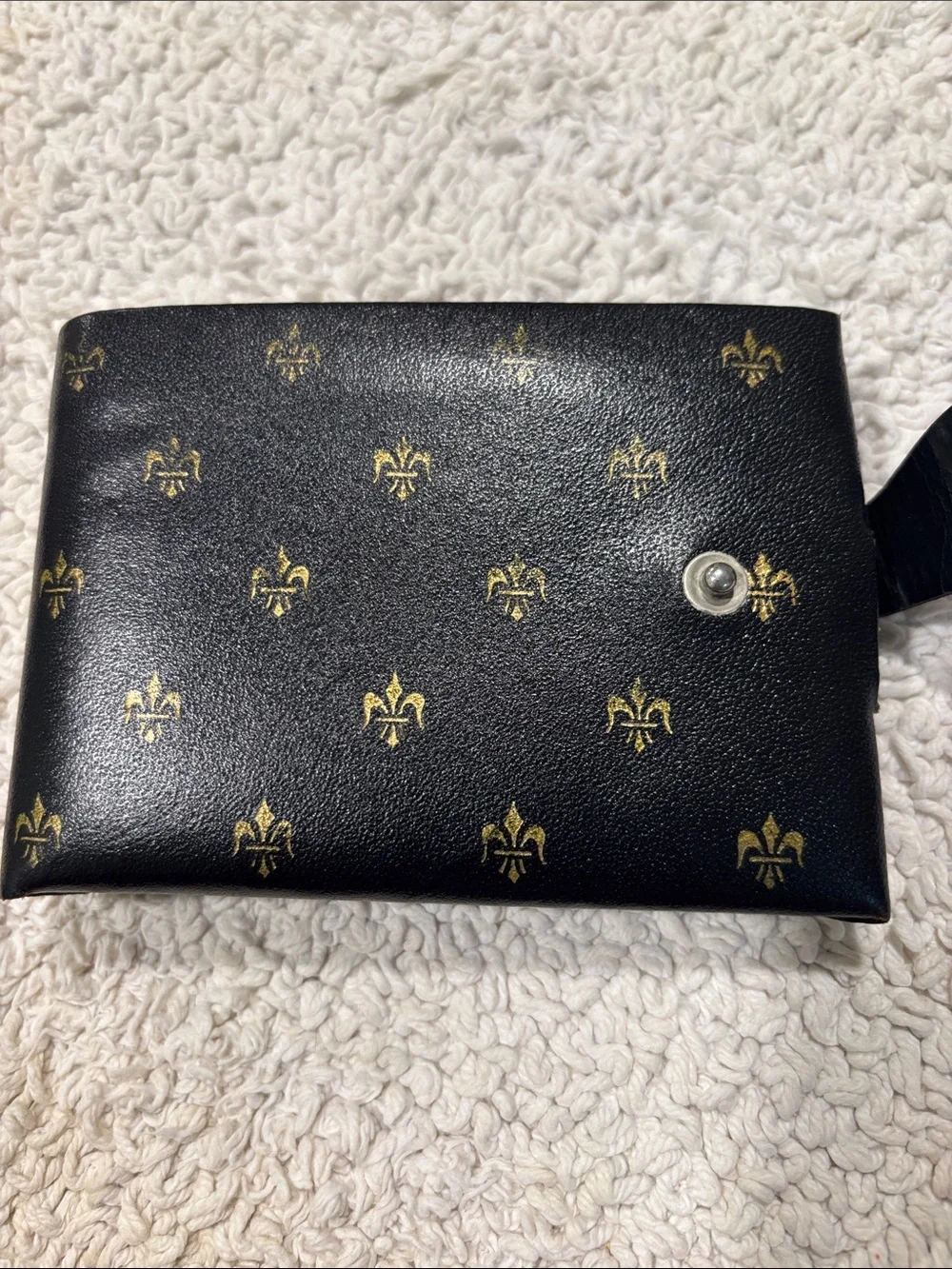Men’s Vintage black leather bifold wallet all-over gold embossed Fleur-de-Lis